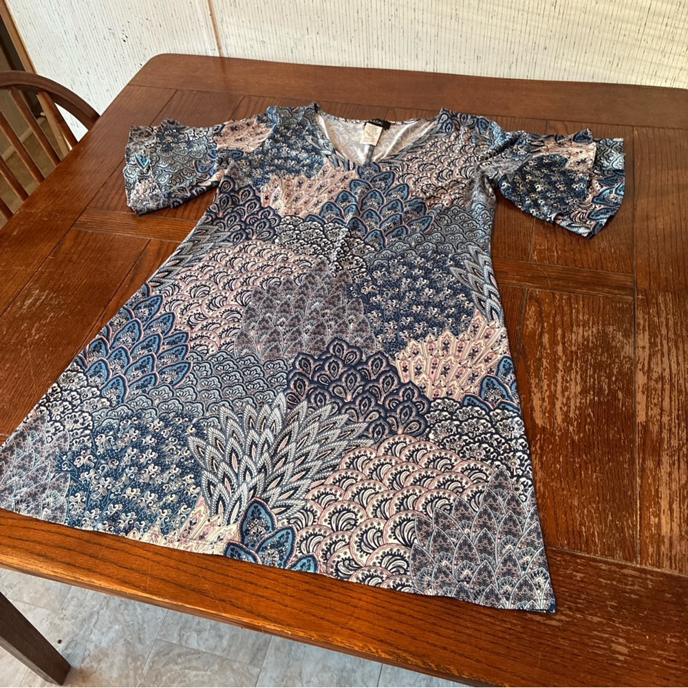 MSK Shift Dress Women’s M Paisley Floral Print MultiColor Ruffle Sleeves V Neck